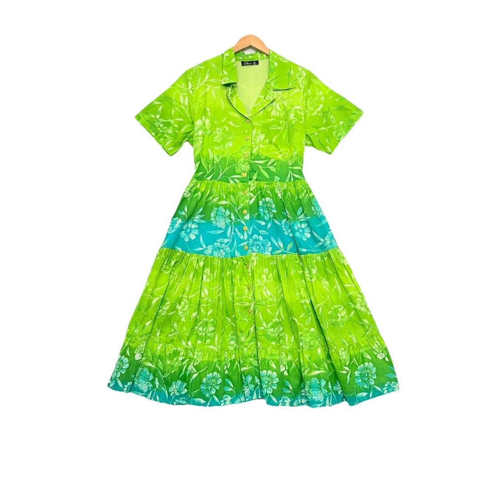 Vintage Phoolβ Midi Dress Tiered Belted Ruffles Green Swing Vibrant Size 12P